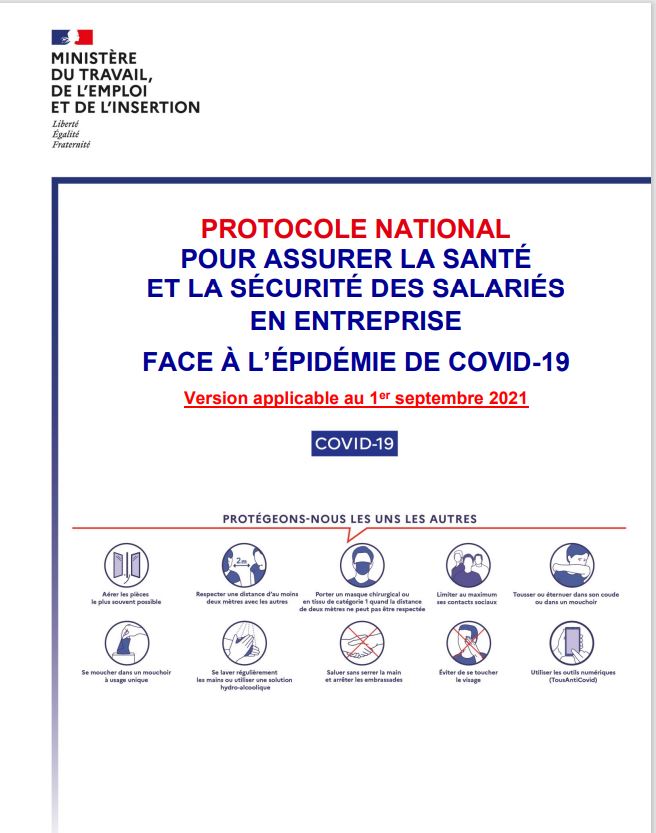 RAPPEL : NOUVEAU PROTOCOLE SANITAIRE APPLICABLE EN ENTREPRISE DEPUIS LE 1ER SEPTEMBRE 2021